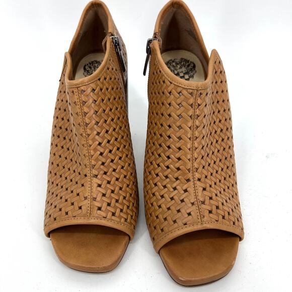 Vince Camuto Tan Prisha Moon Shaped Stacked Heels Zipper Perforated Shoes Size 7 - Picture 2 of 9